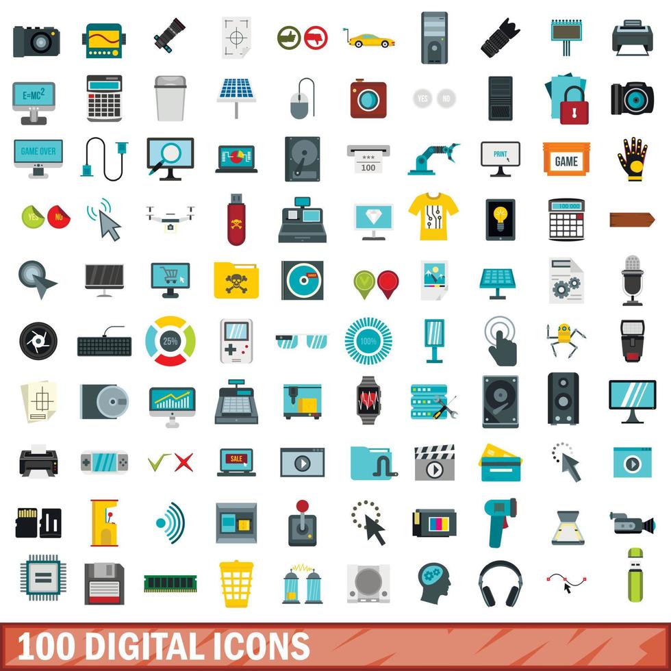100 digital icons set, flat style vector