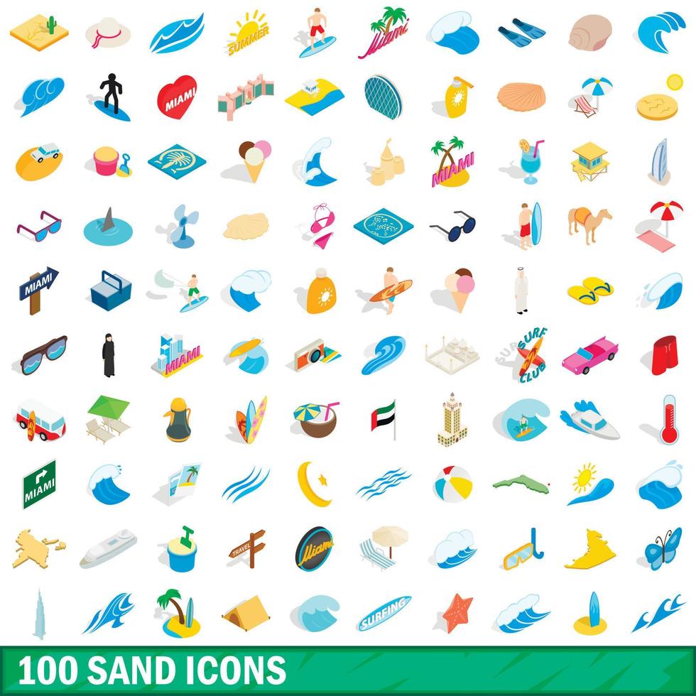 100 sand icons set, isometric 3d style vector