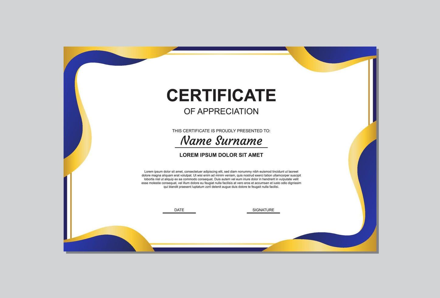 certificate template in gold and blue color with modern style. vector