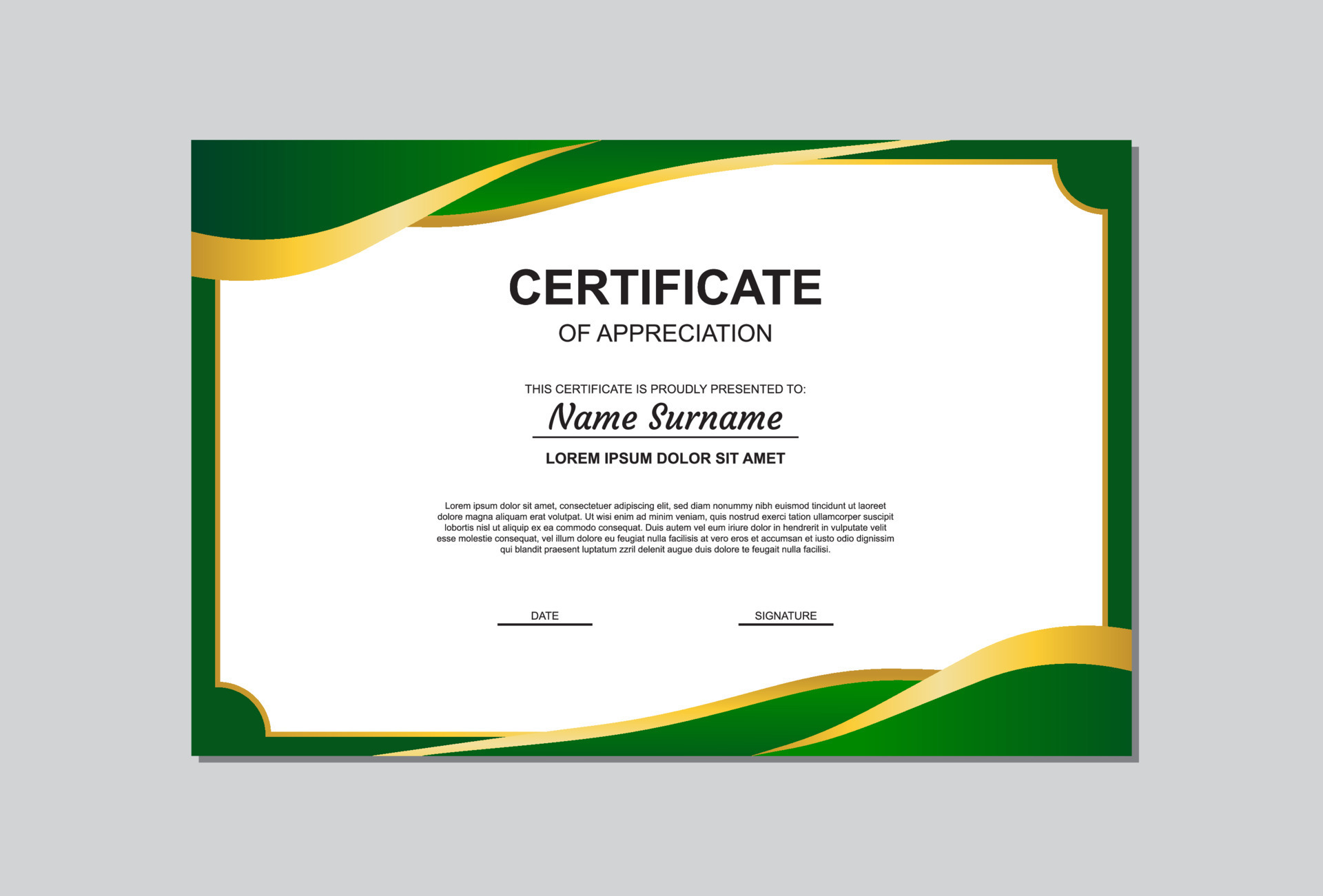 certificate template in gold and green color with modern style 8253027