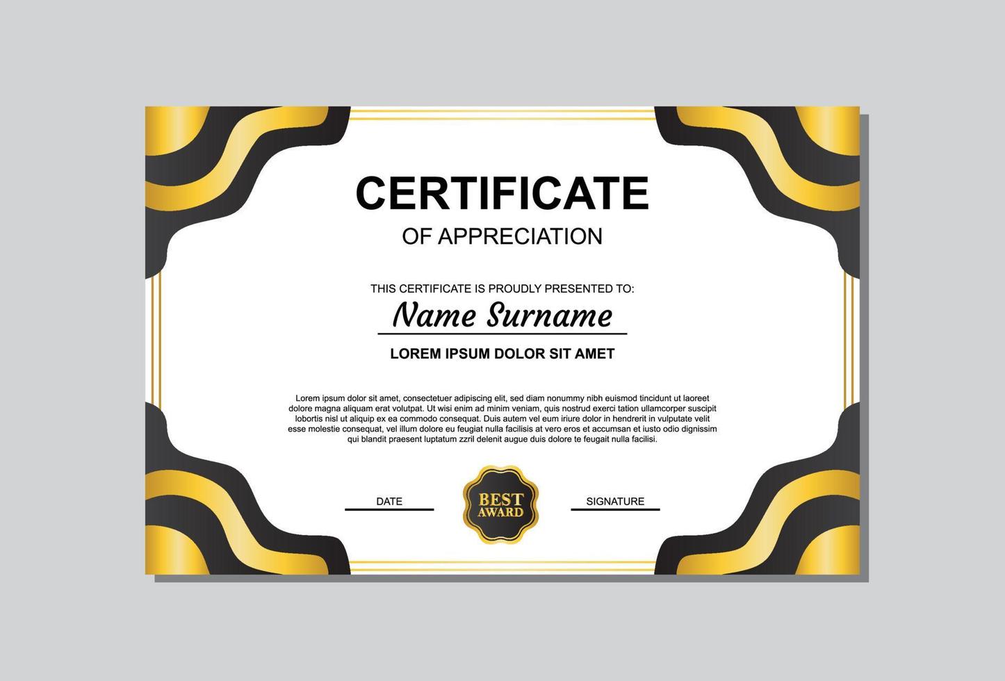certificate template design in gold and black color. vector