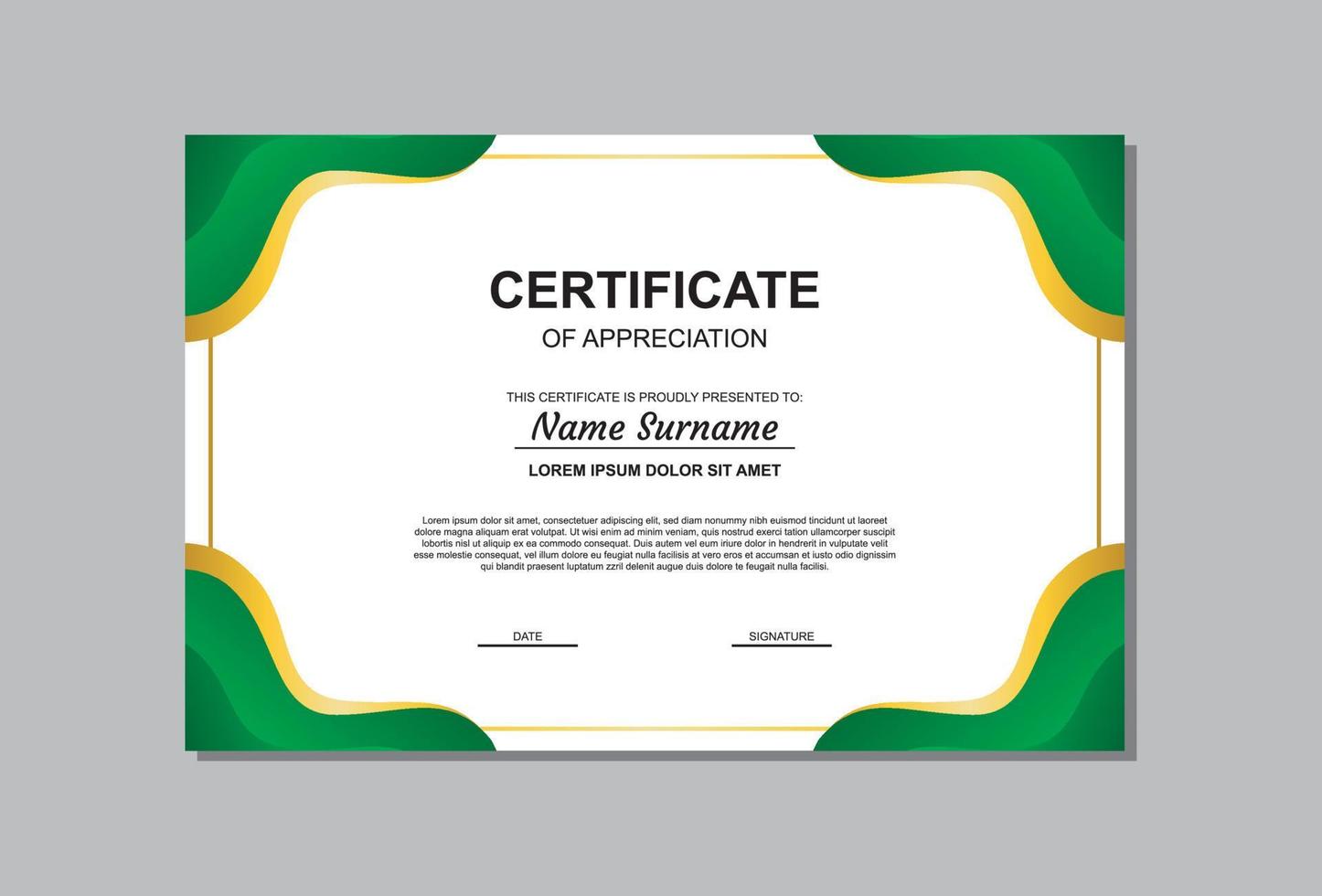 diseño de plantilla de certificado en colores dorado y verde. vector