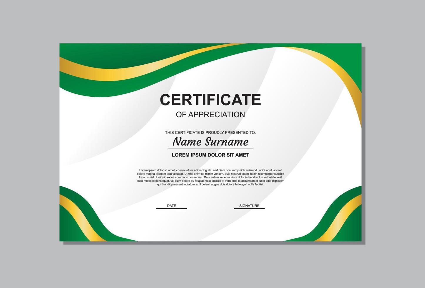 certificate template design in gold and green colors. vector