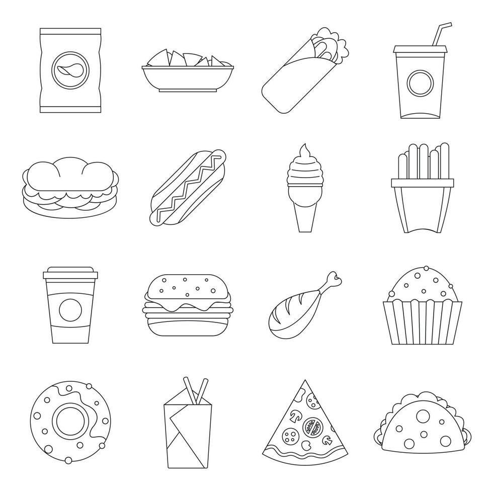 Fast food icons set, outline style vector