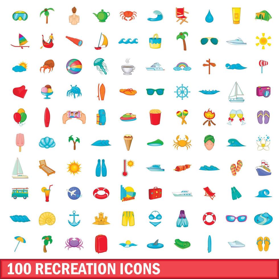 100 iconos de recreación, estilo de dibujos animados vector