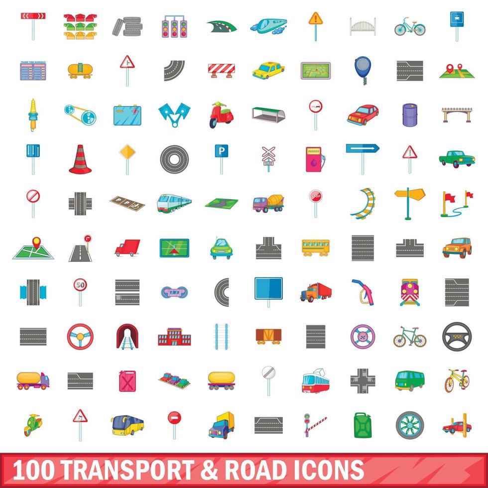 100 transport and road icons set, cartoon style vector