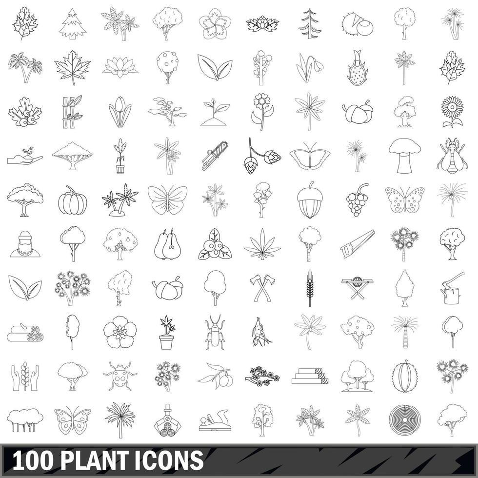 100 plant icons set, outline style vector