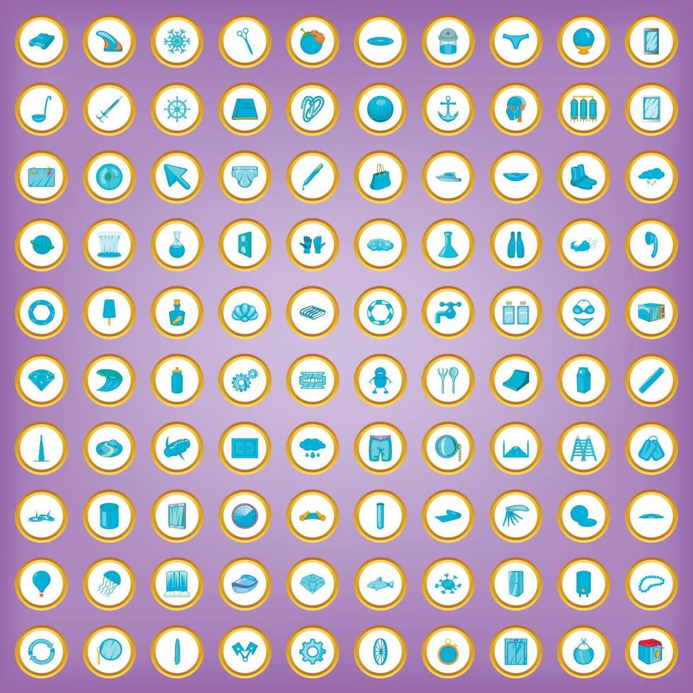 100 blue icons set in cartoon style vector