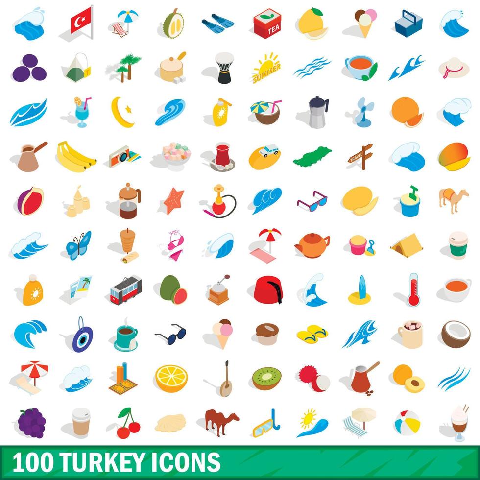 100 turkey icons set, isometric 3d style vector