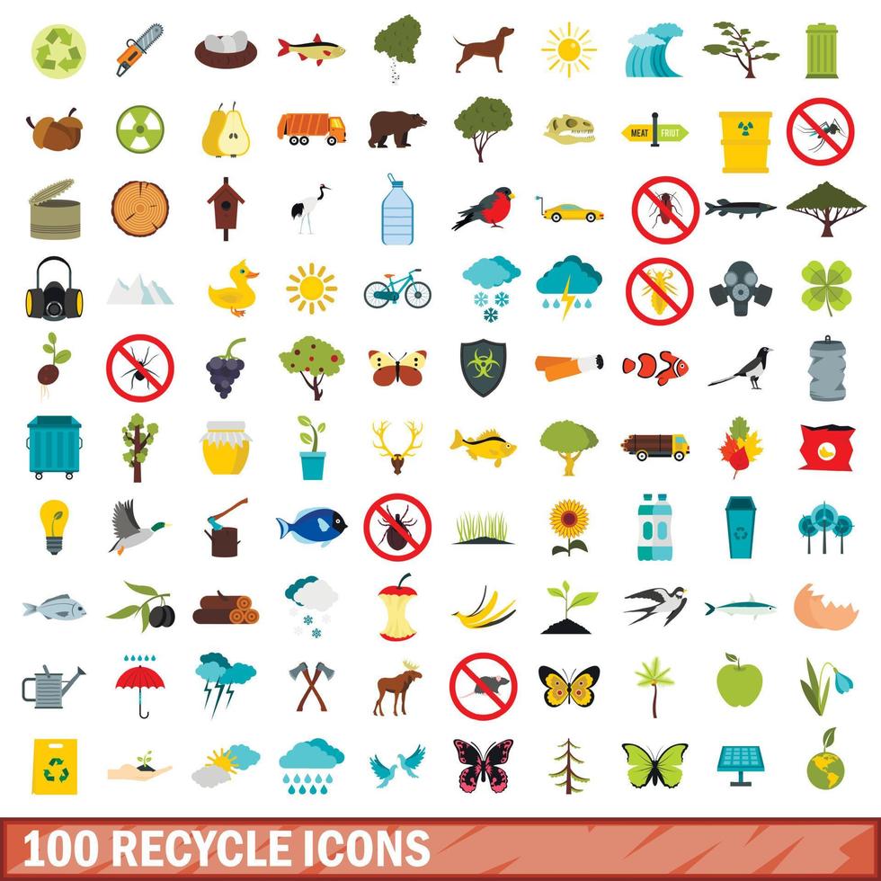 100 iconos de reciclaje, estilo plano vector