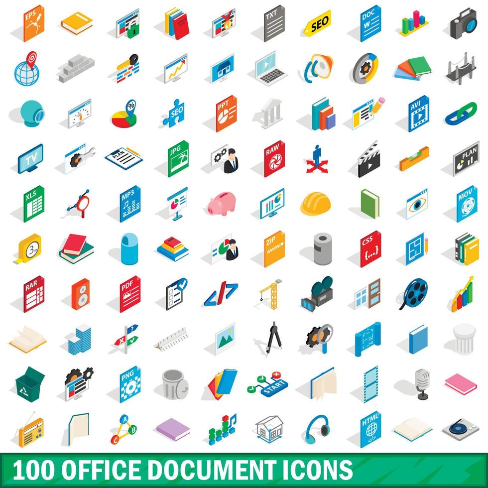 100 iconos de documentos de oficina establecidos, estilo 3d isométrico vector