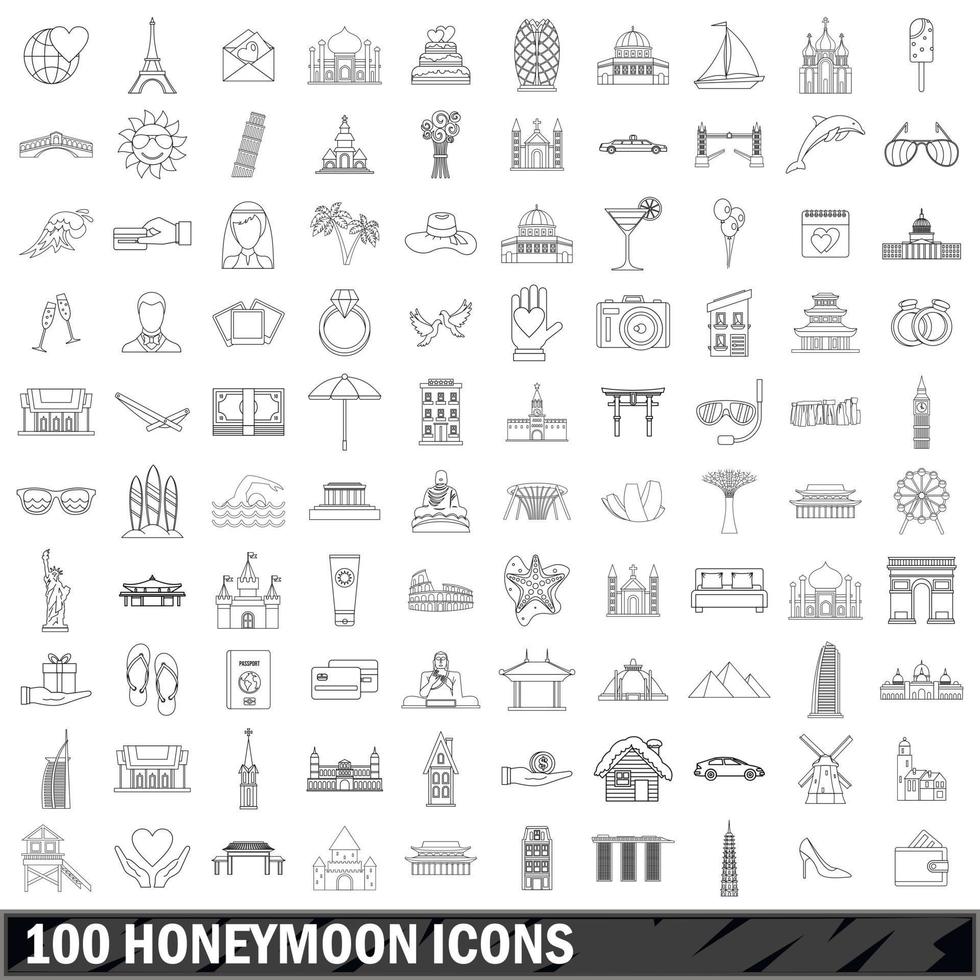 100 honeymoon icons set, outline style vector