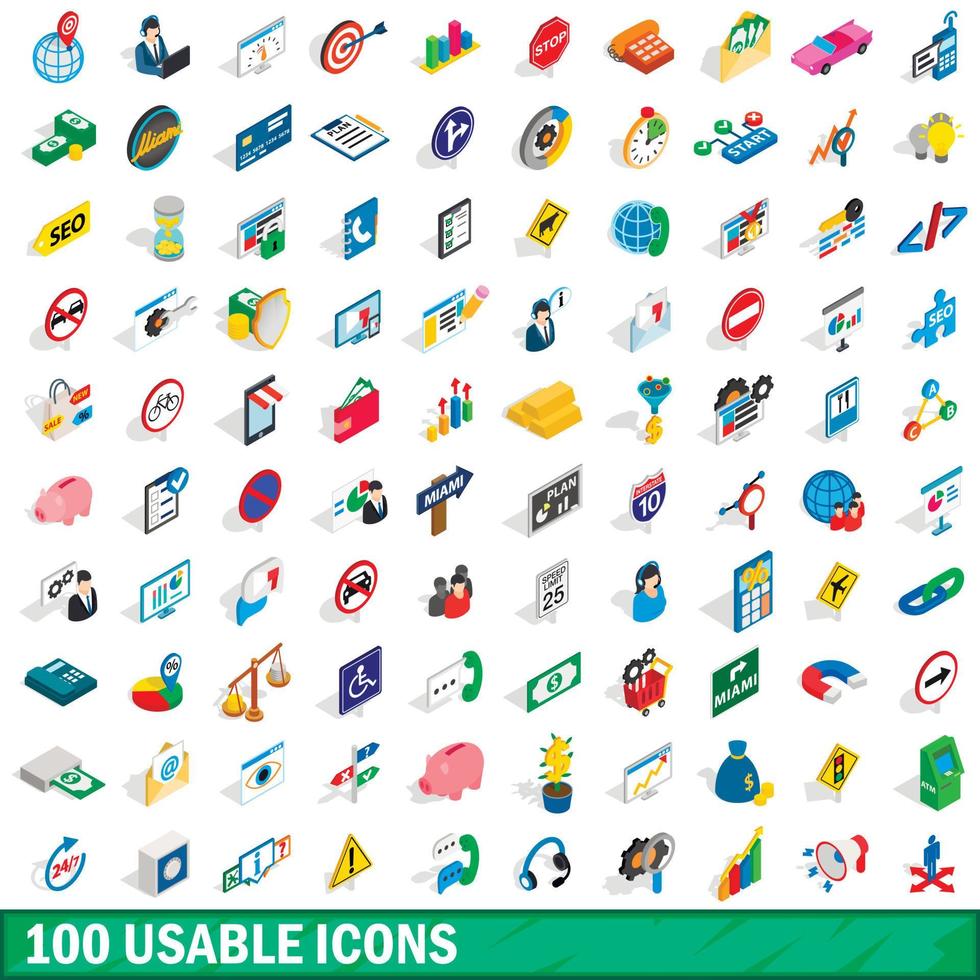 100 iconos utilizables, estilo isométrico 3d vector
