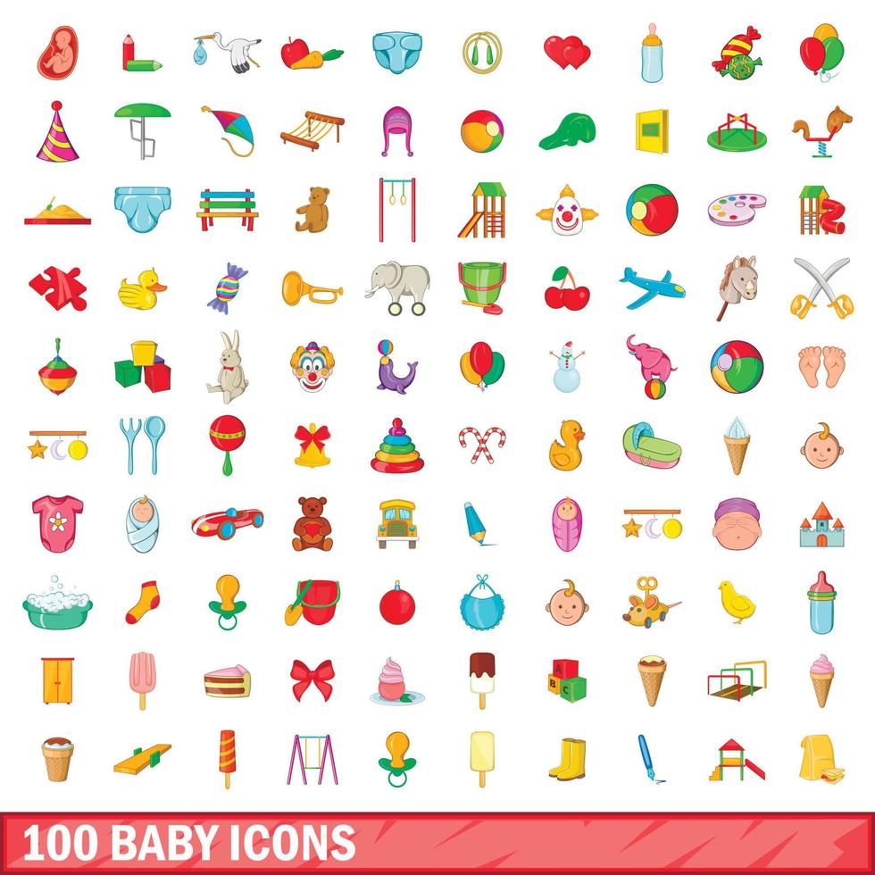 100 baby icons set, cartoon style vector