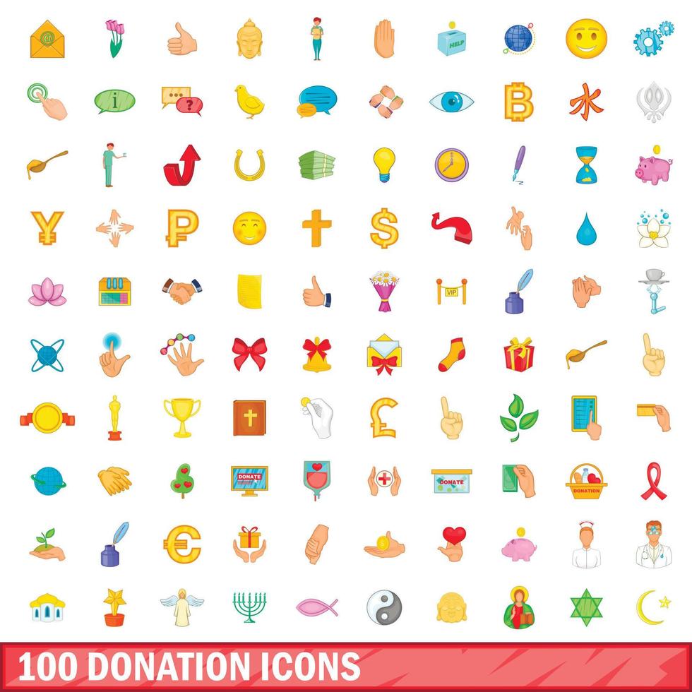 100 donation icons set, cartoon style vector