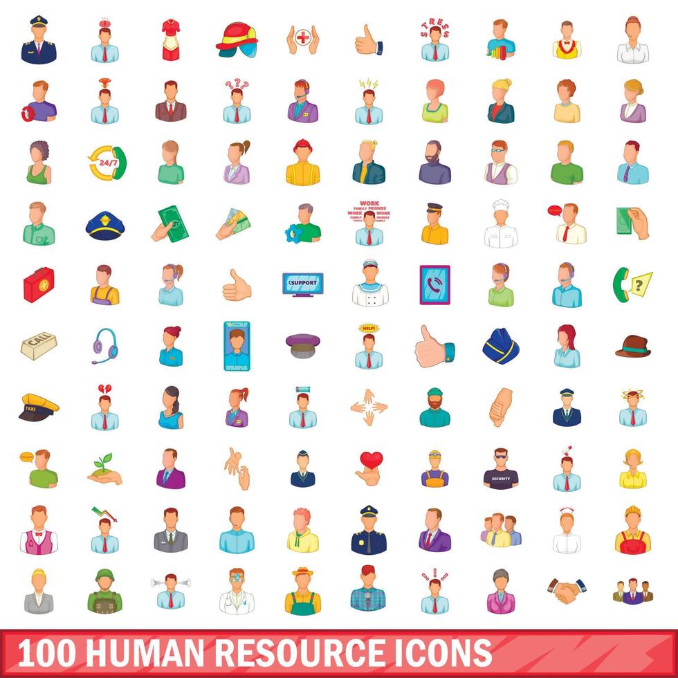 100 iconos de recursos humanos, estilo de dibujos animados vector