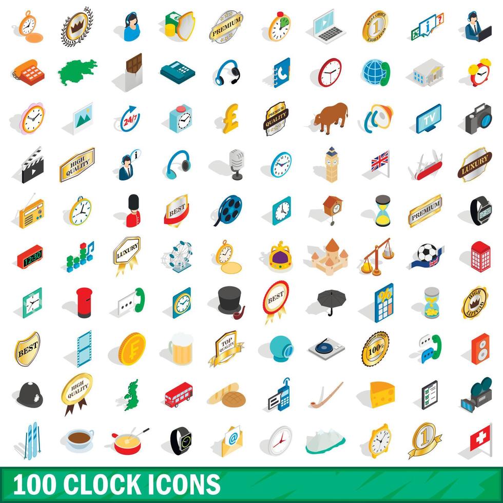 100 clock icons set, isometric 3d style vector