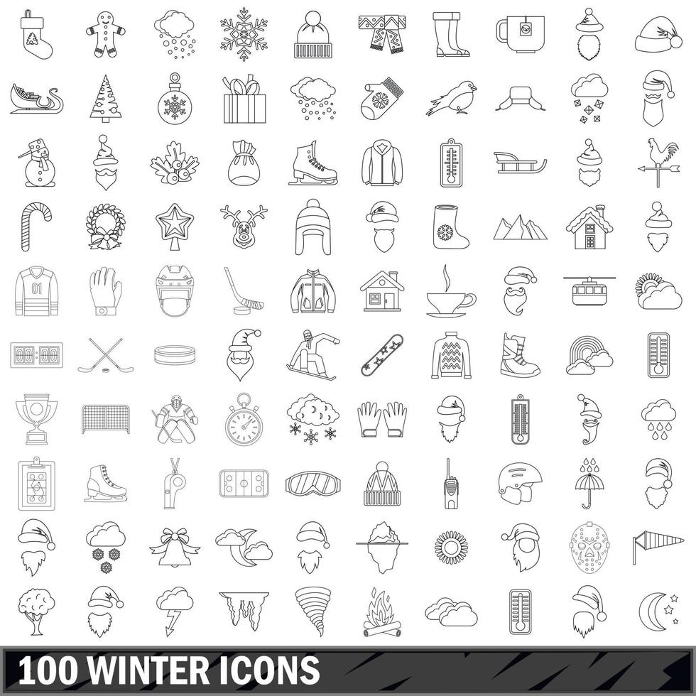 100 iconos de invierno, estilo de esquema vector