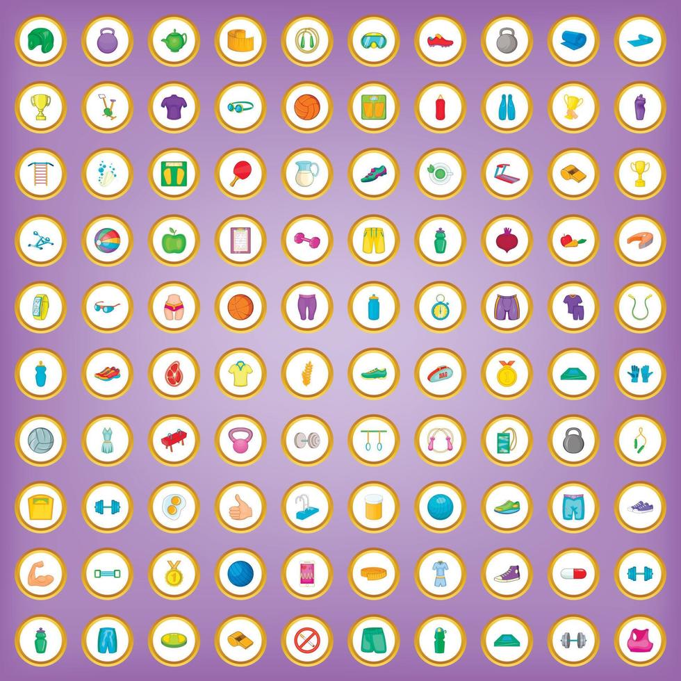 100 gym icons set in cartoon style vector