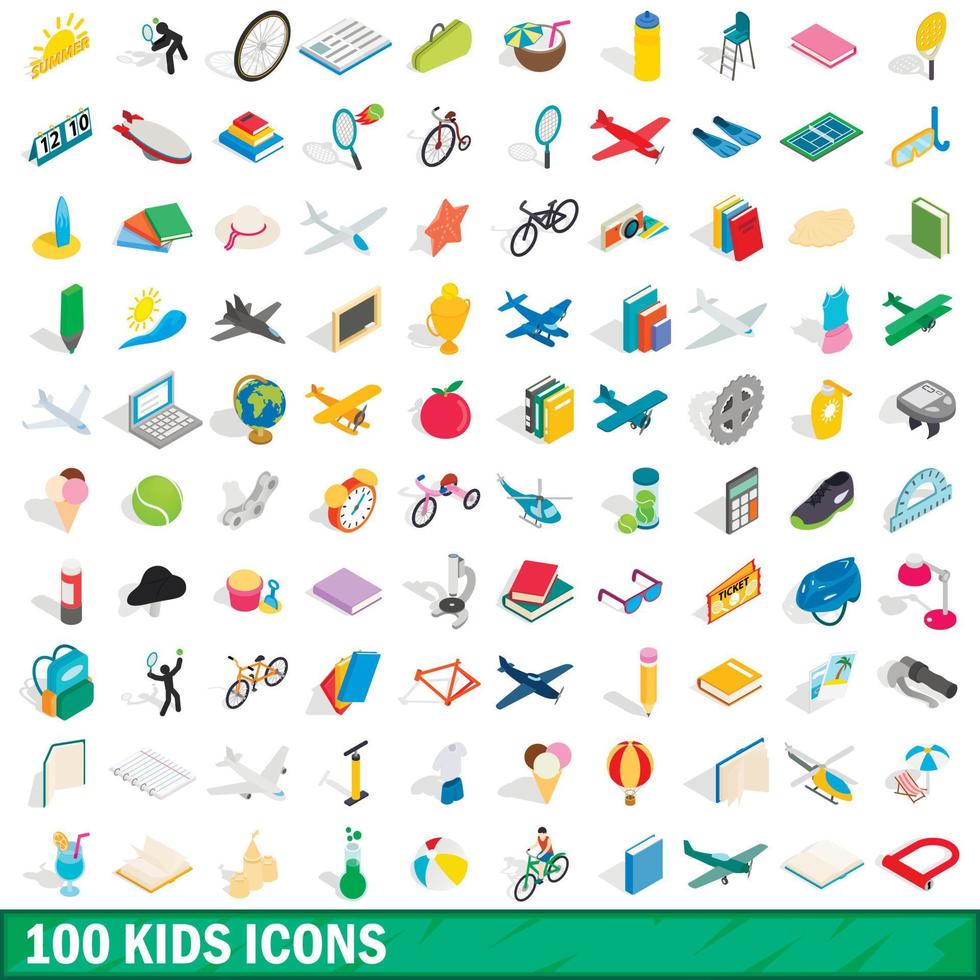 100 kids icons set, isometric 3d style vector