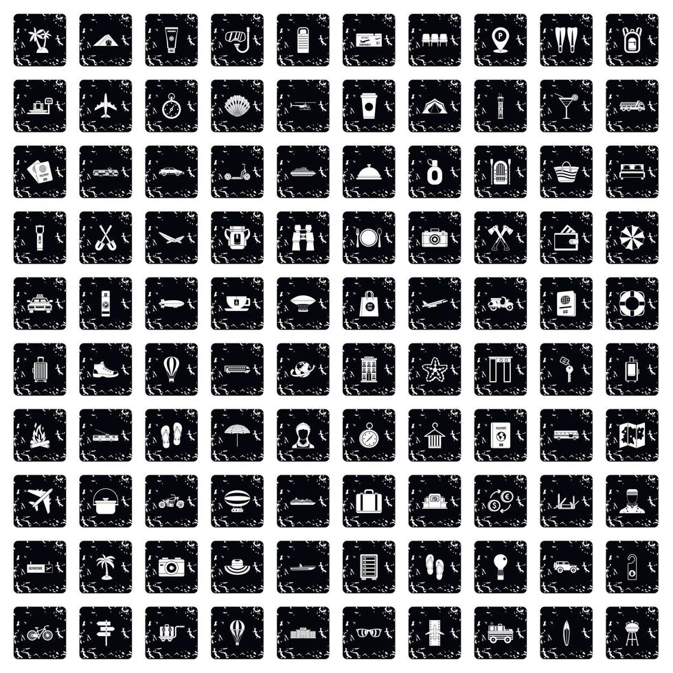 100 travel time icons set, grunge style vector
