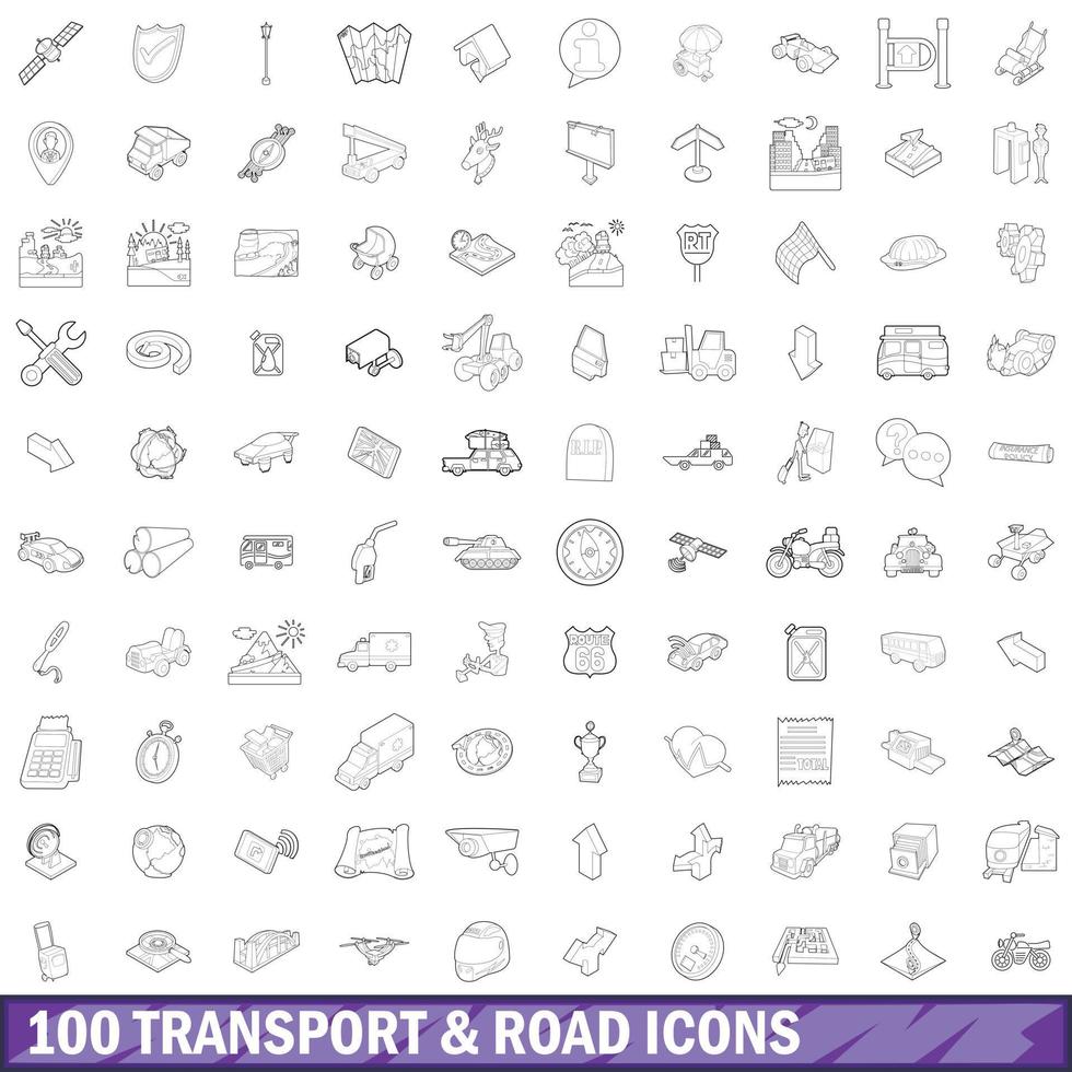 100 transport and roads icons set, outline style vector