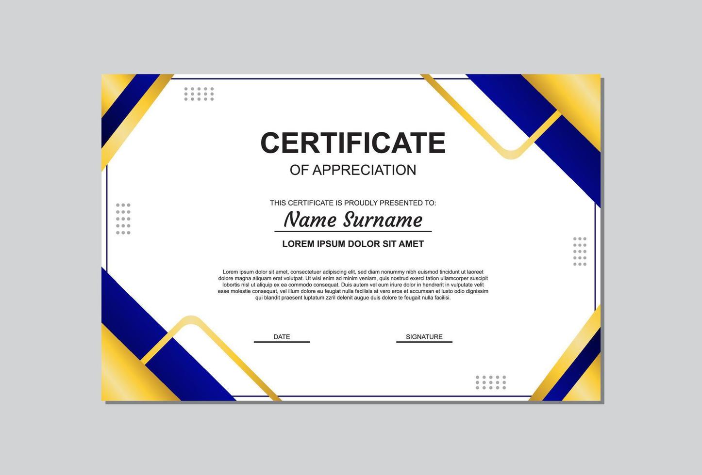 certificate template in gold and blue color with modern style. vector