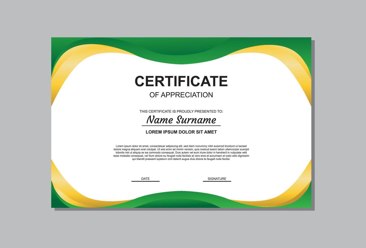 certificate template design in gold and green colors. vector