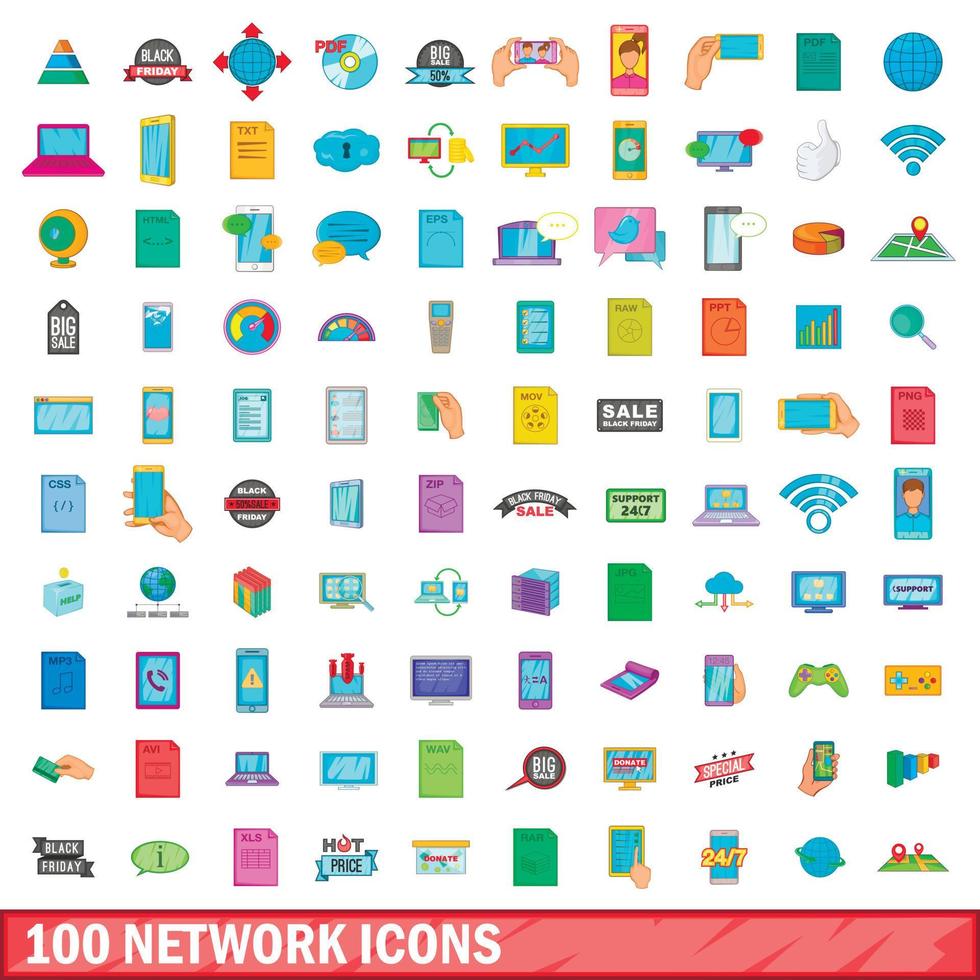 100 iconos de red, estilo de dibujos animados vector