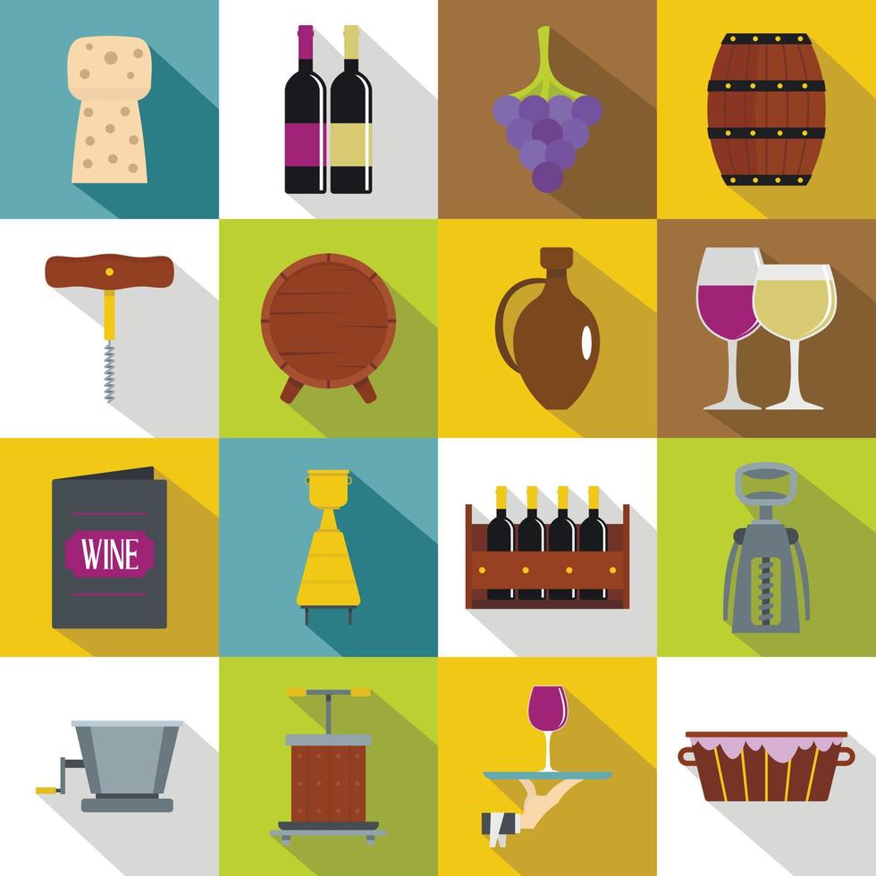Wine icons set, flat style vector
