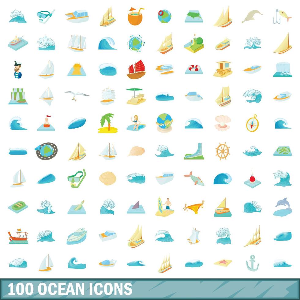 100 ocean icons set, cartoon style vector