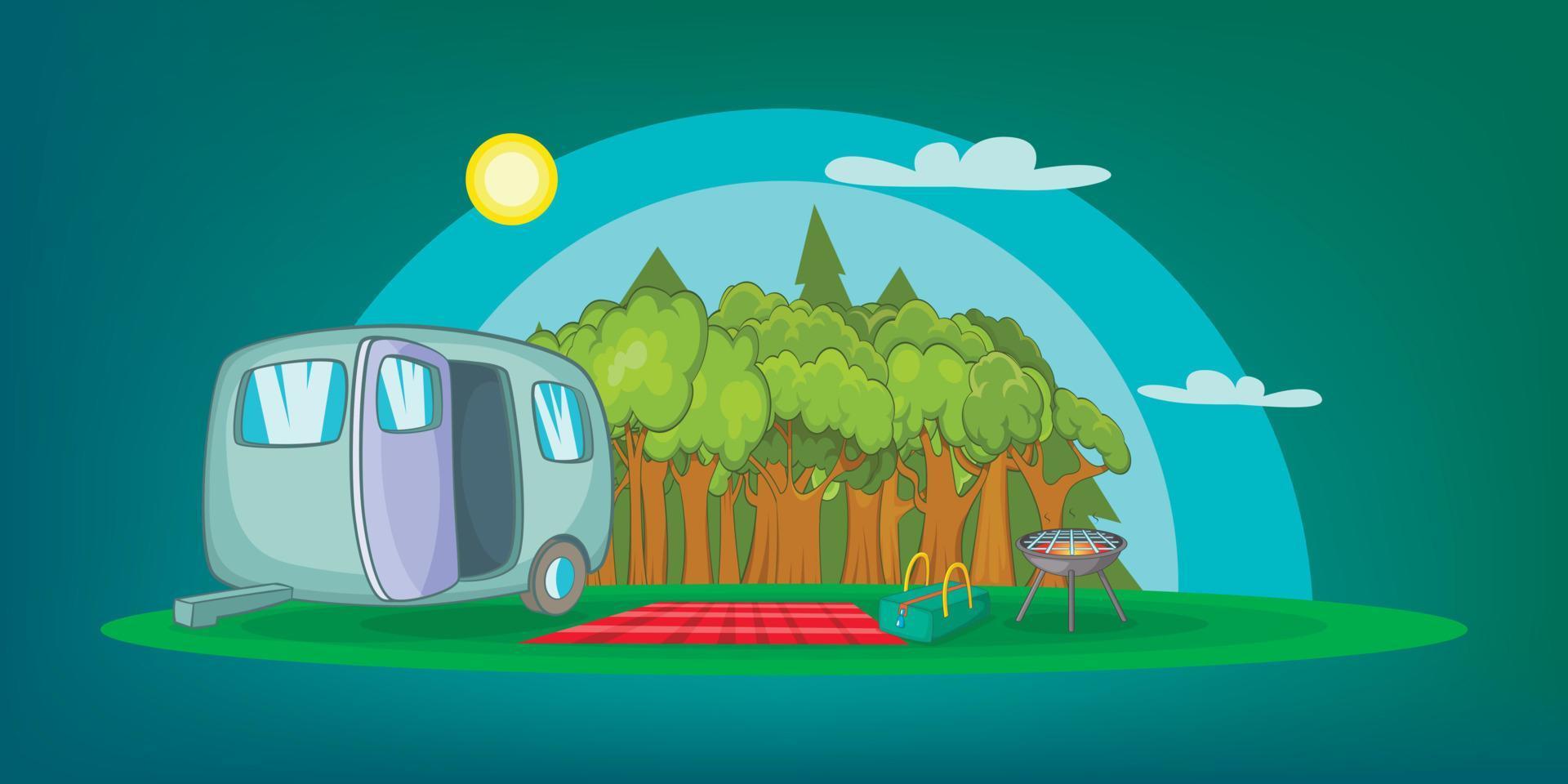 picnic de banner horizontal de camping, estilo de dibujos animados vector