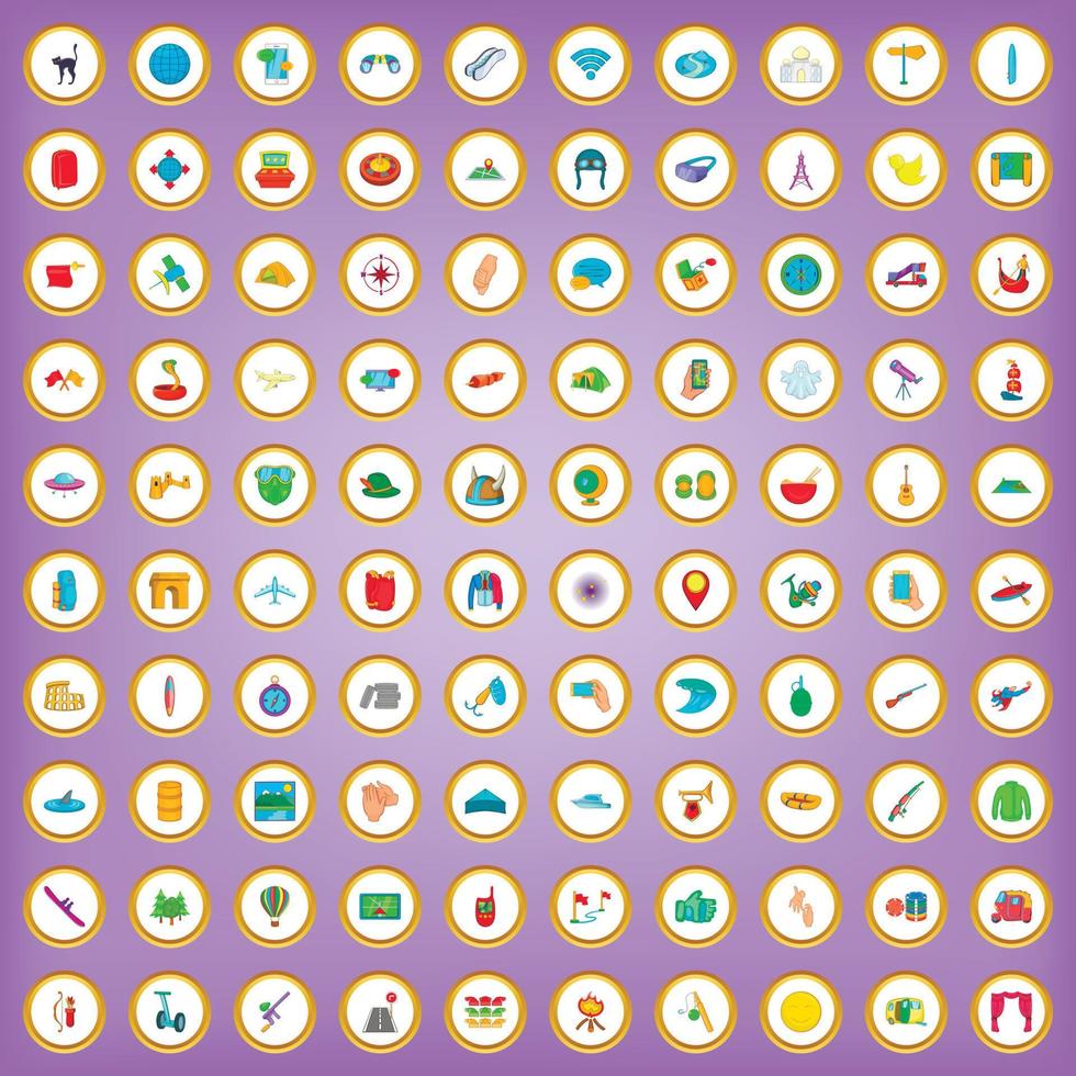 100 adventure icons set in cartoon style vector