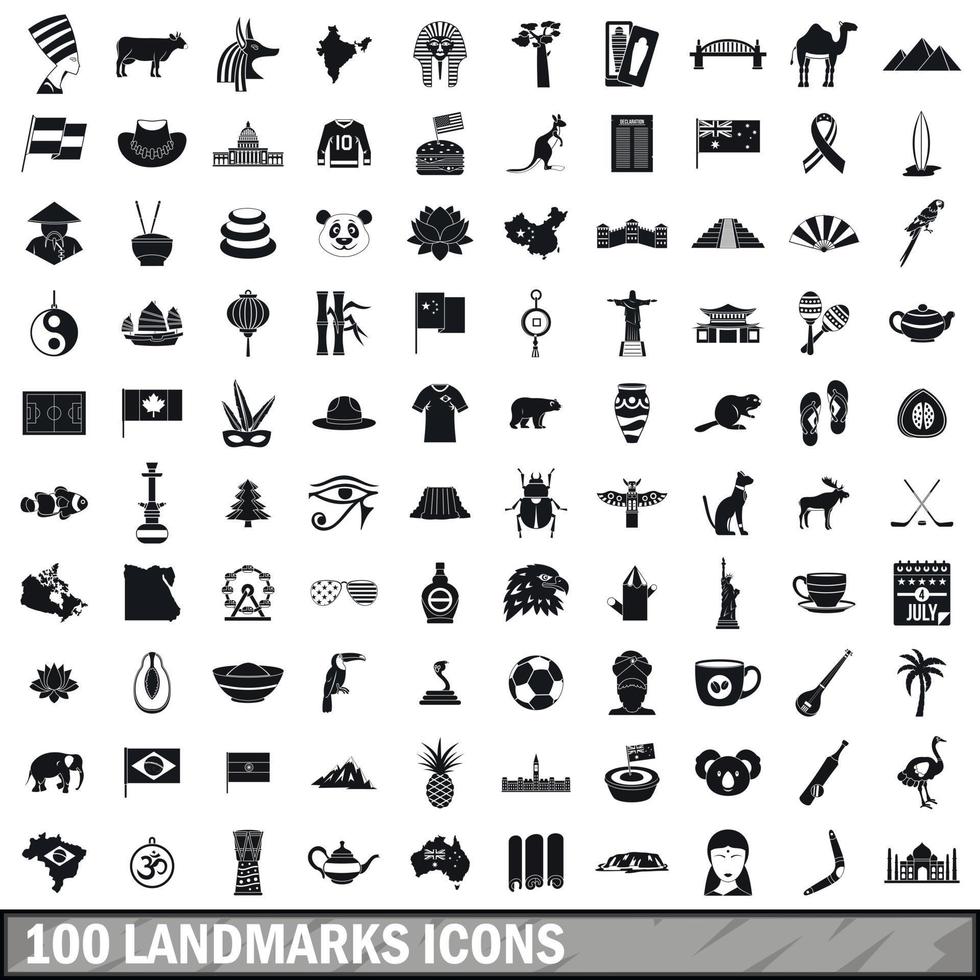 100 landmarks icons set, simple style vector