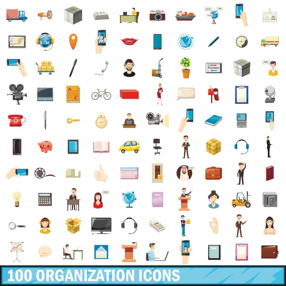 100 organization icons set, cartoon style vector