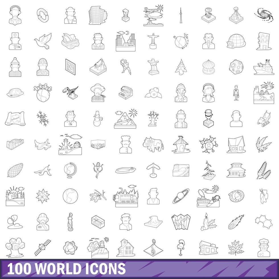 100 world icons set, outline style vector