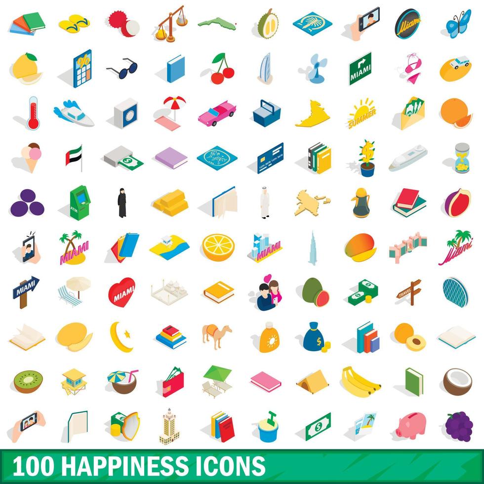 100 happiness icons set, isometric 3d style vector