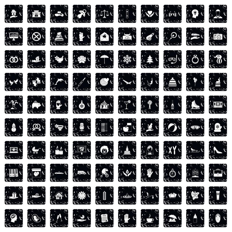 100 joy icons set, grunge style vector