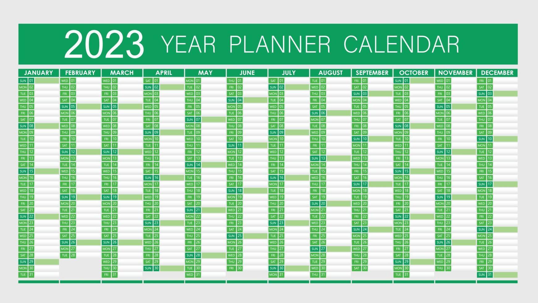 2023 Year Planner - Wall Planner Calendar green Color- Full Editable - Vector