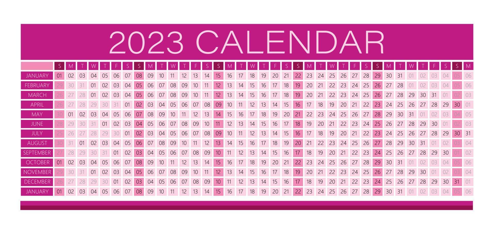 2023 Year Wall Calendar Magenta Color- Full Editable - Vector light