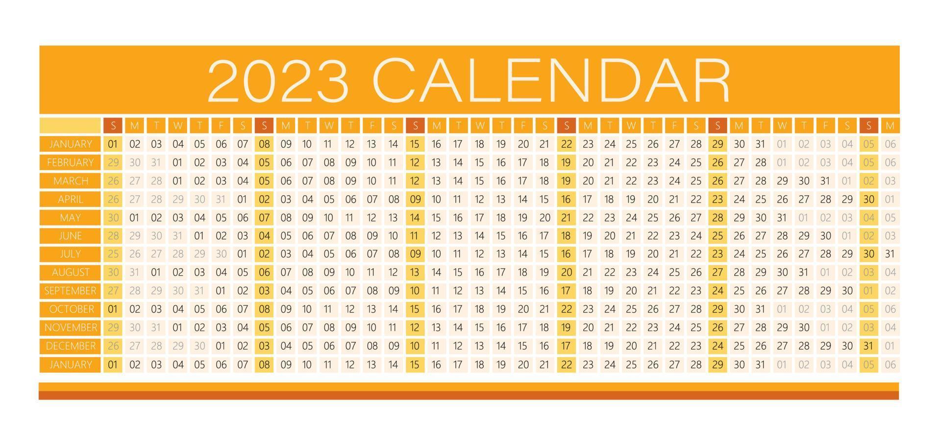 2023 Year Wall Calendar Orange Color- Full Editable - Vector light
