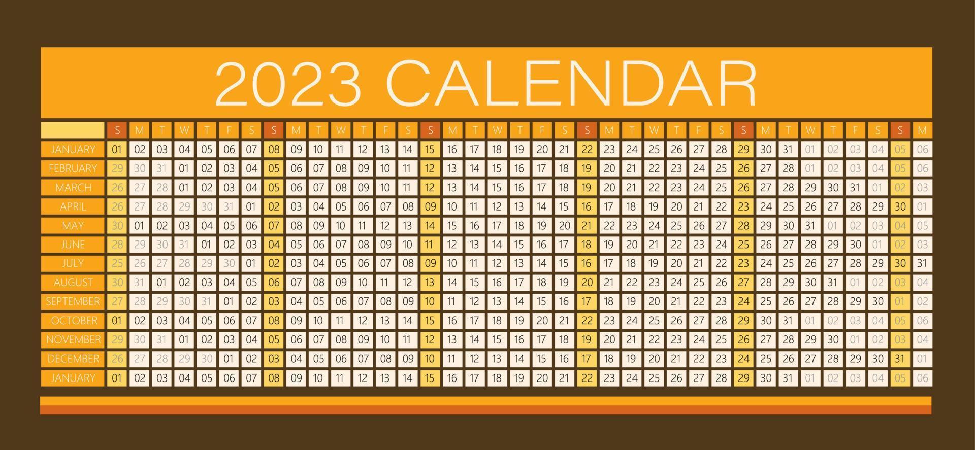 2023 Year Wall Calendar Orange Color- Full Editable - Vector Dark