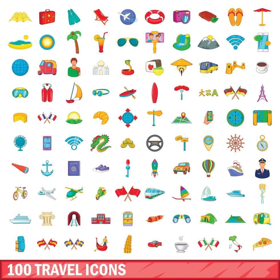 100 travel icons set, cartoon style vector