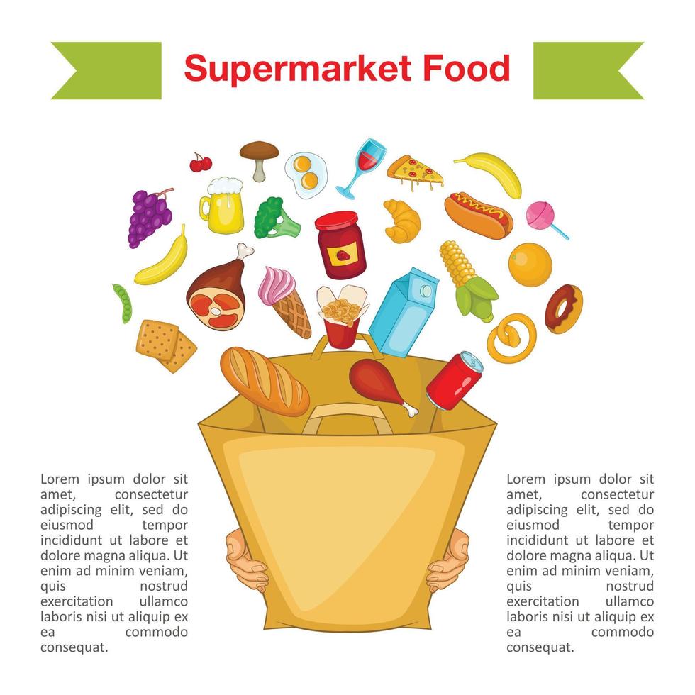 Food supermarket bag concept, cartoon style vector