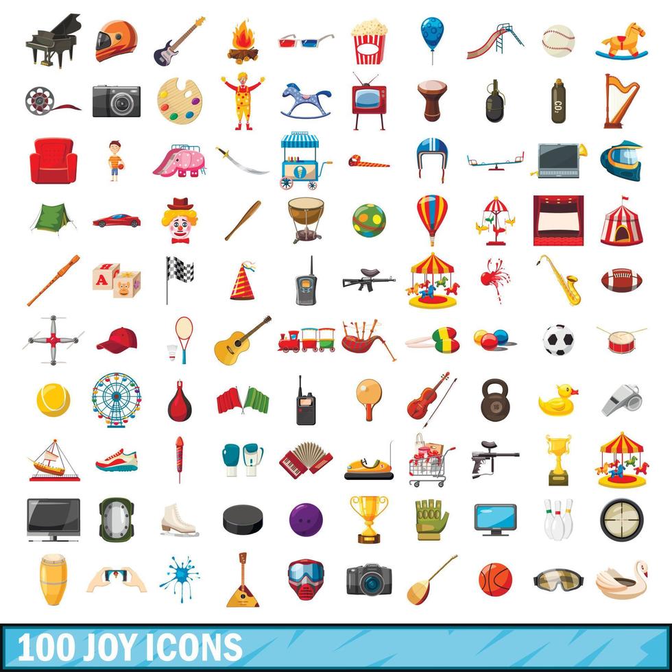 100 joy icons set, cartoon style vector