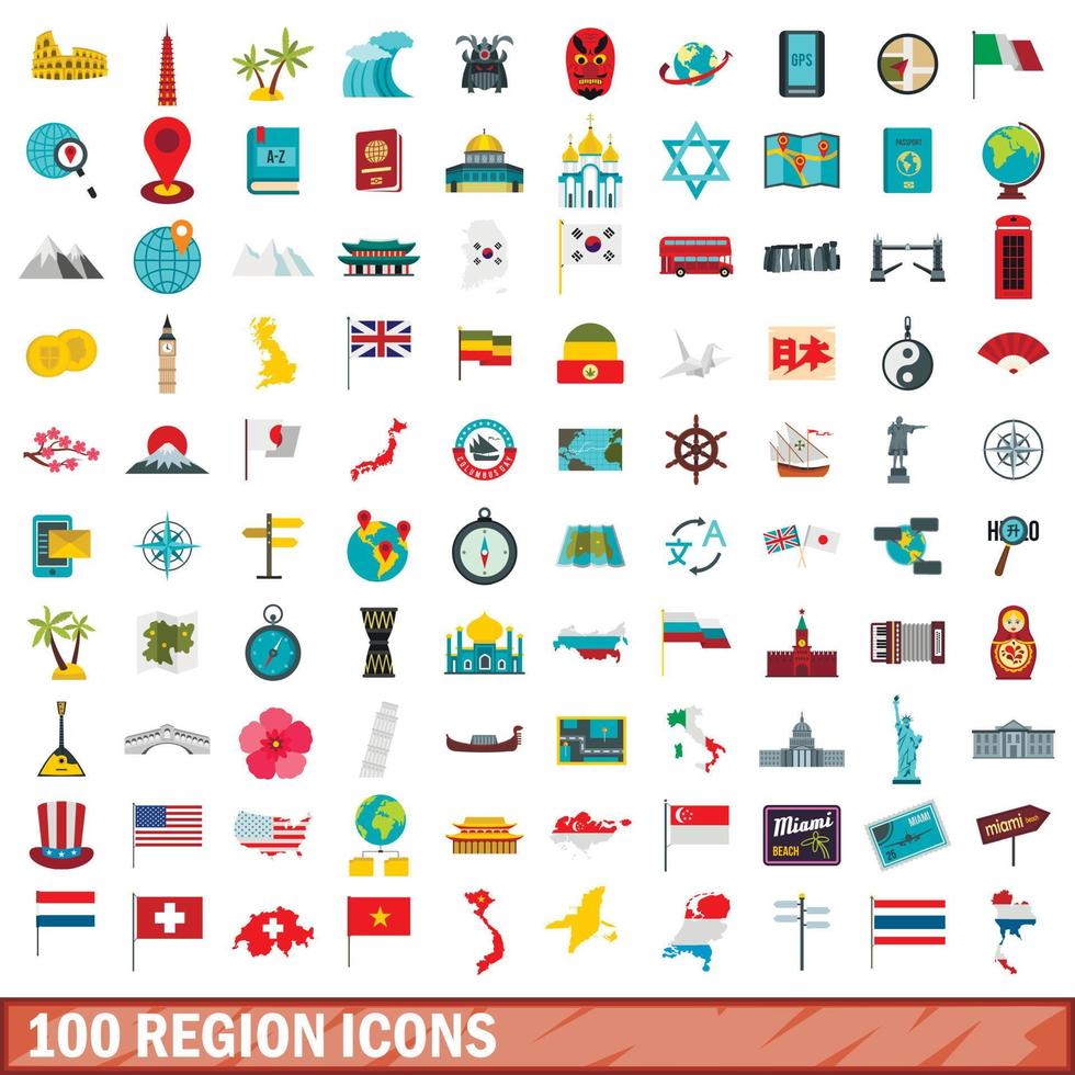 100 region icons set, flat style vector
