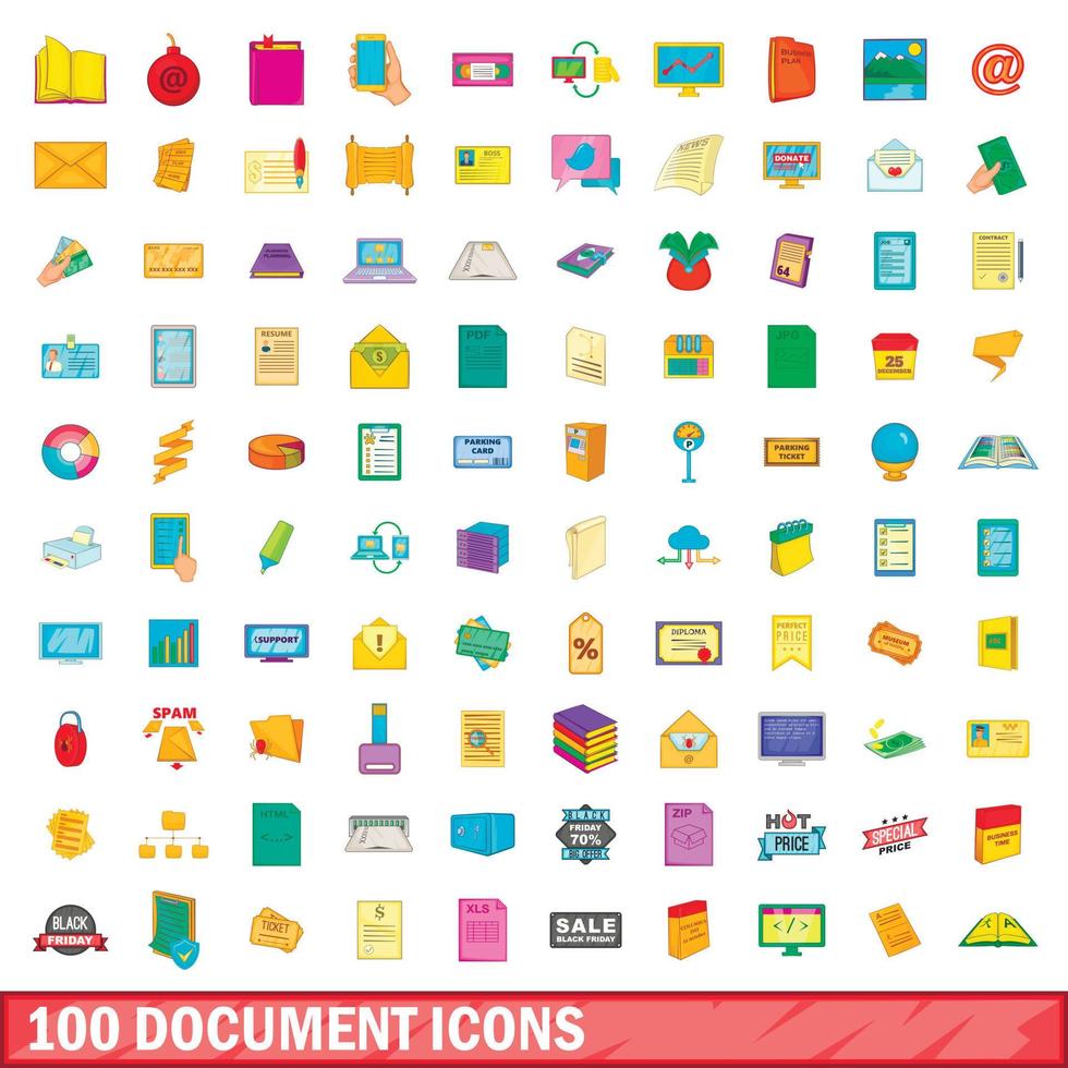 100 document icons set, cartoon style vector