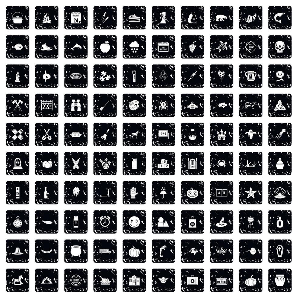 100 autumn holidays icons set, grunge style vector