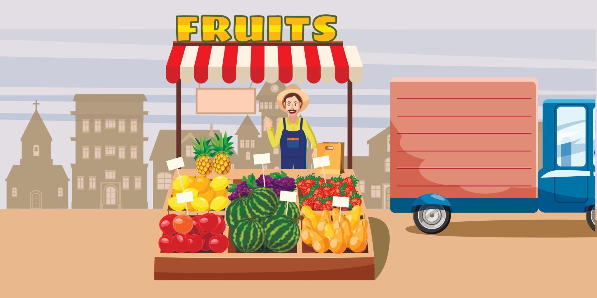 Quiosco de ciudad de banner horizontal de frutas, estilo de dibujos animados vector