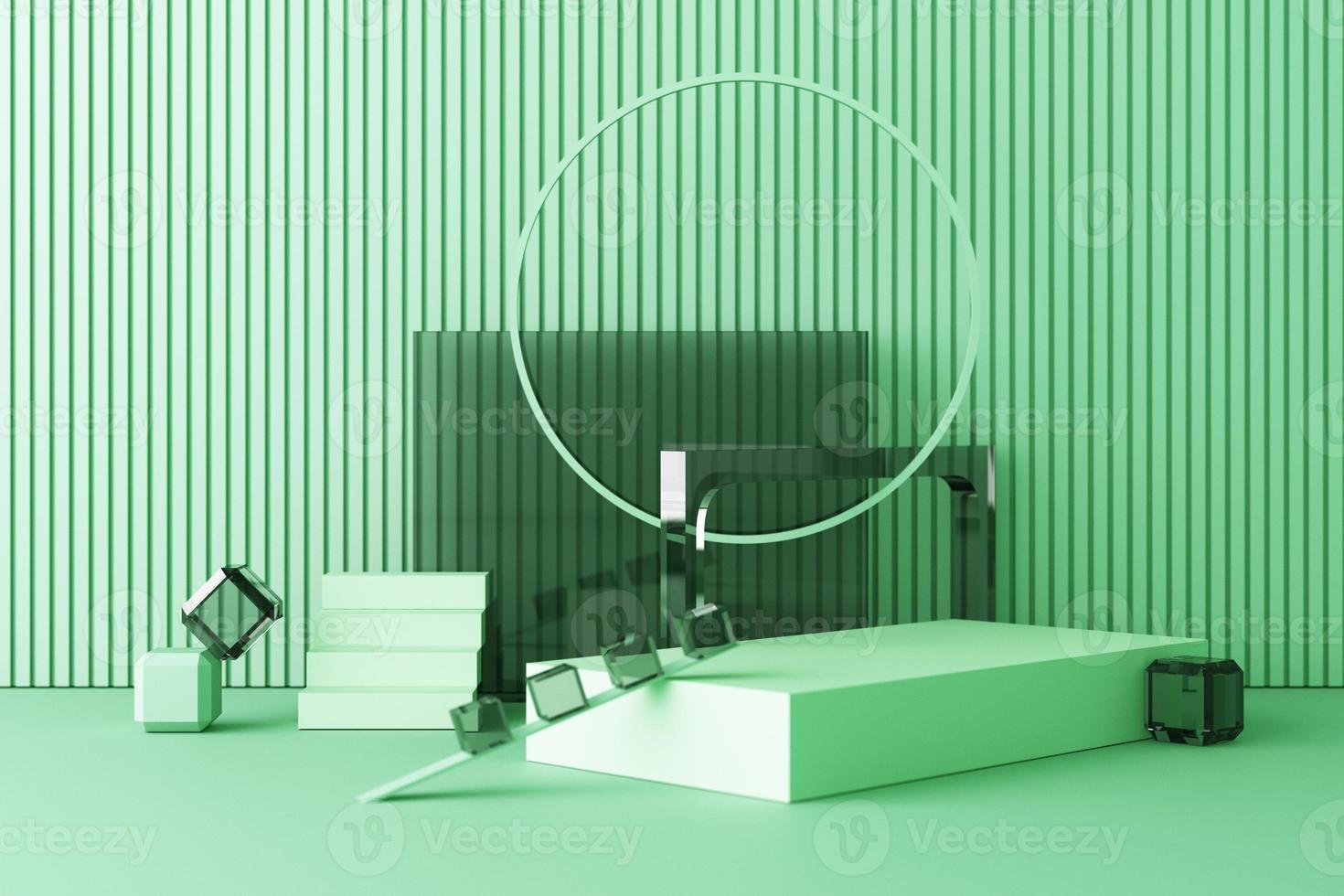 Minimal abstract geometric background with direct sunlight in shades of green and yellow. Showcase scene with empty podium for product presentation 3d rendering photo
